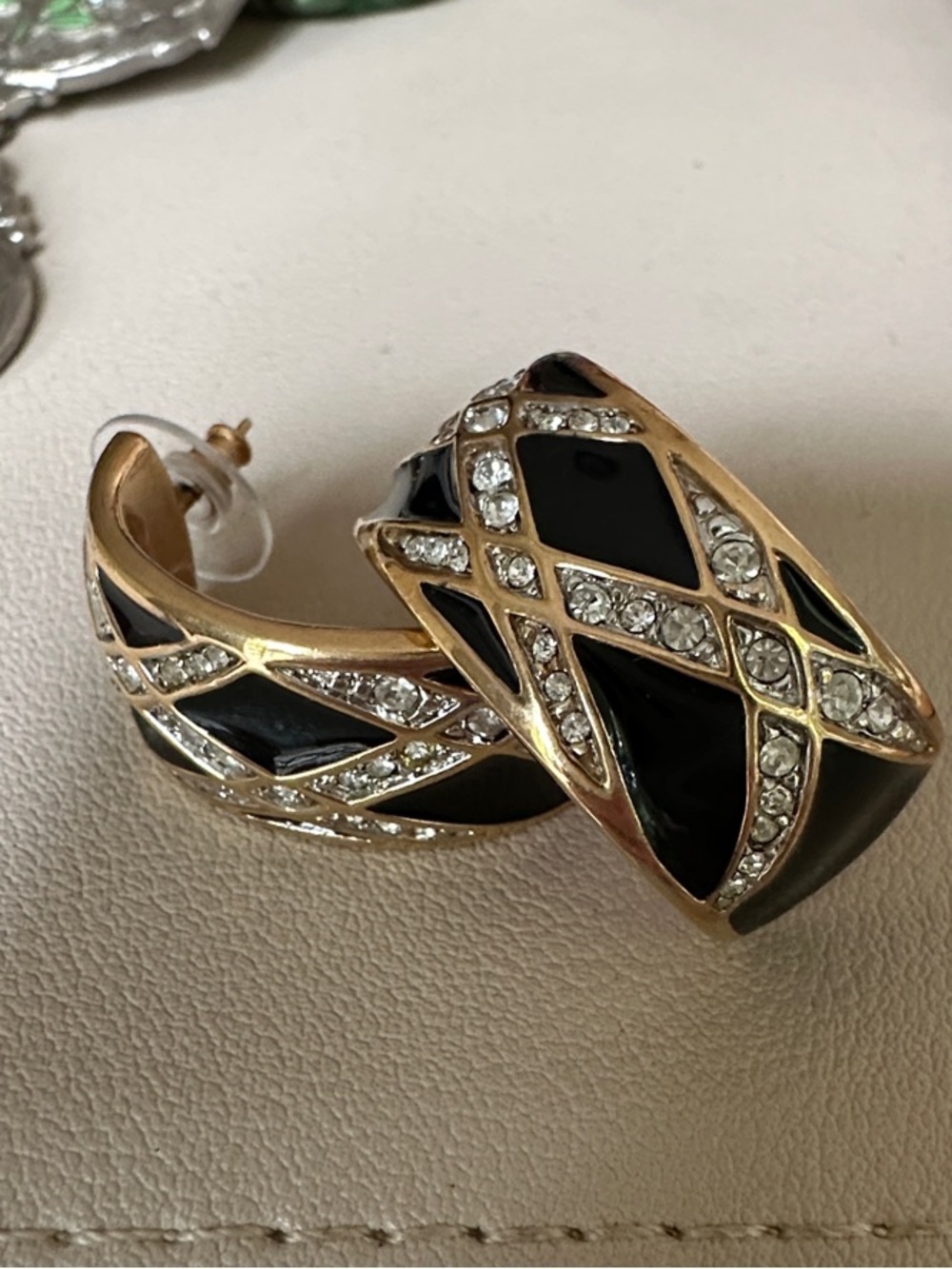 D.S.Co. Swarovski Gold-Tone Black Enamel Crystal Lattice Hoop Earrings